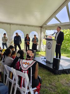 MP Mark Holland addresses crowd at opening of Ajax-Pickering Hospital Indigenous Healing Garden