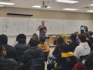 MP Mark Holland speaks to a class of students at his old high school